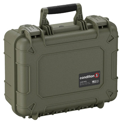 Green Condition one case with a black handle on a white background