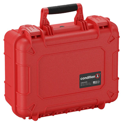 Red Condition one case with a black handle on a white background