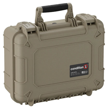 Tan Condition one case with a black handle on a white background