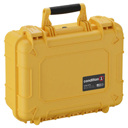 Yellow Condition one case with a black handle on a white background