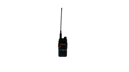 Black Baofeng radio with digital display on a white background