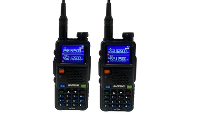 two Black Baofeng radio with digital display on a white background