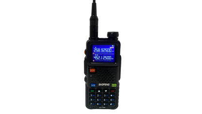 Black Baofeng radio with digital display on a white background