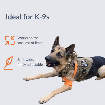 Dog wearing a K-9 vest with text highlighting features 