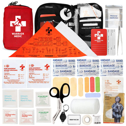 First aid kit with various medical supplies including bandages, scissors, and a Warrior Kid Medic branded case.