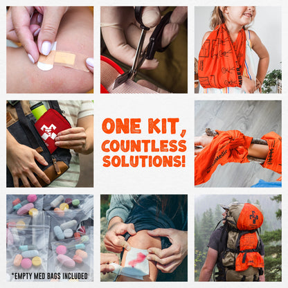 Collage of various scenarios using a first aid kit with text 'ONE KIT, COUNTLESS SOLUTIONS!'.