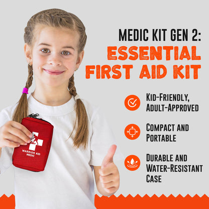 Child holding a red first aid kit with product features listed on a light gray background