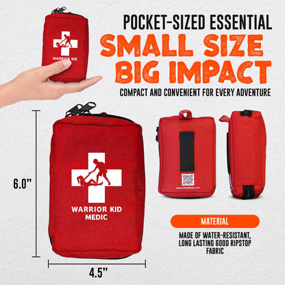 Red first aid kit with Warrior Kid Medic logo shown with measurements and text about its size and features.