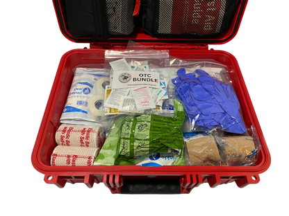 Red Condition one case with a black handle and first aid supplies