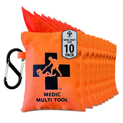Orange quick draw pouch of Medic Multi Tool with 10 packs and a carabiner 