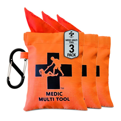 Orange quick draw pouch of Medic Multi Tool with 3 pack and a carabiner 