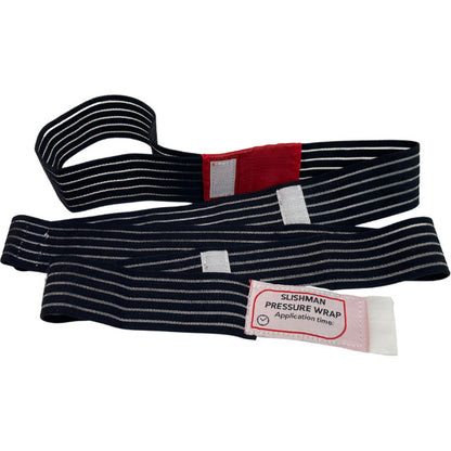 Black Slishman pressure wrap with red label on a white background