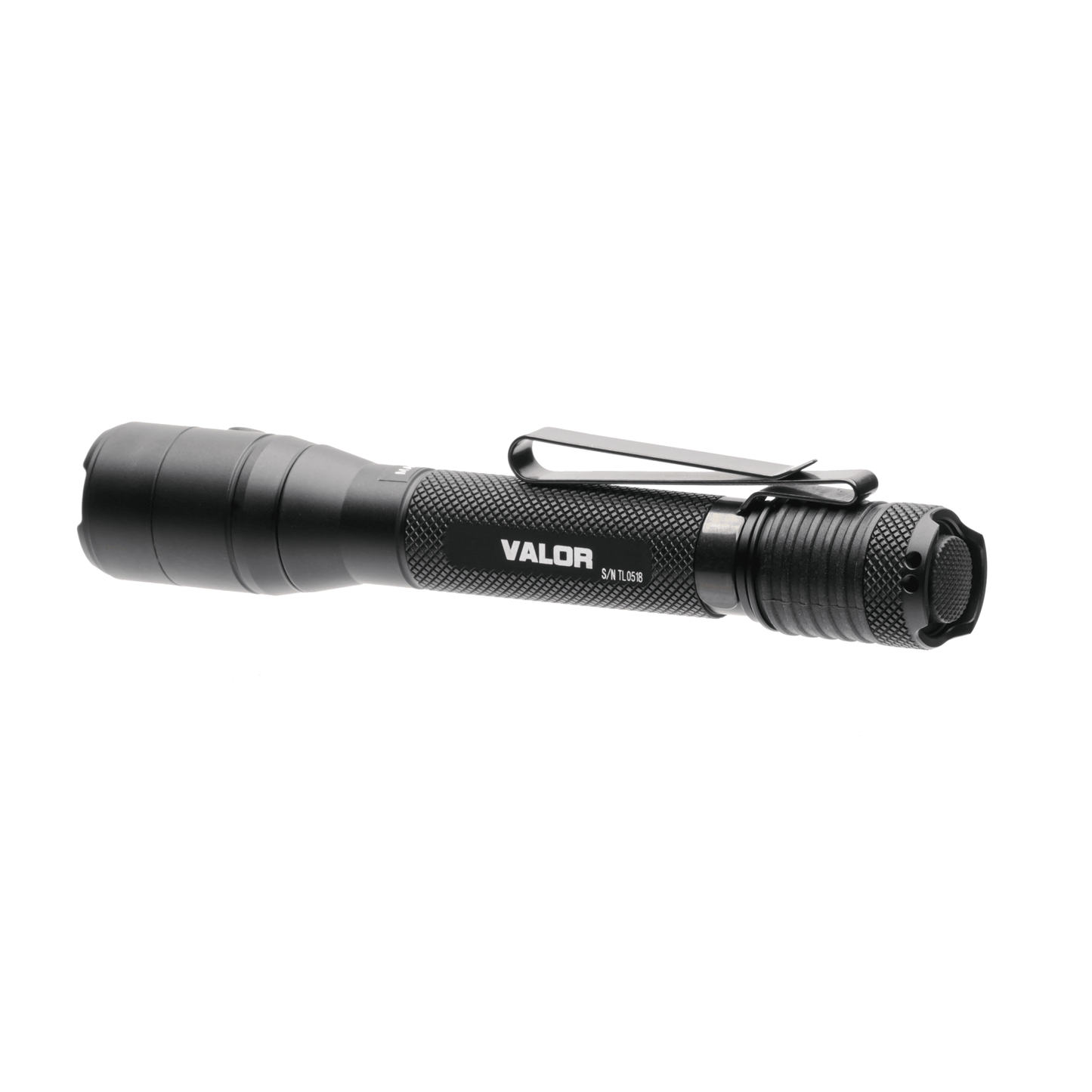 Black flashlight with 'Valor' branding on a white background