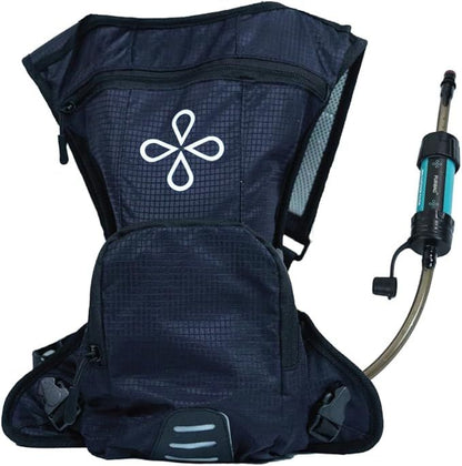 Navy blue hydration backpack with a white logo and a water bladder on a white background