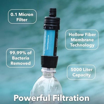 Water filter with text highlighting features on a blurred water background