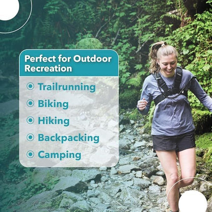 Woman hiking through a forest with text overlay about outdoor activities.