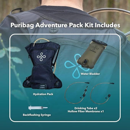 Puribag Adventure Pack Kit with hydration pack, water bladder, and accessories on a green background.