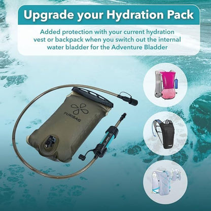 Hydration pack with Puribag branding on a water-themed background