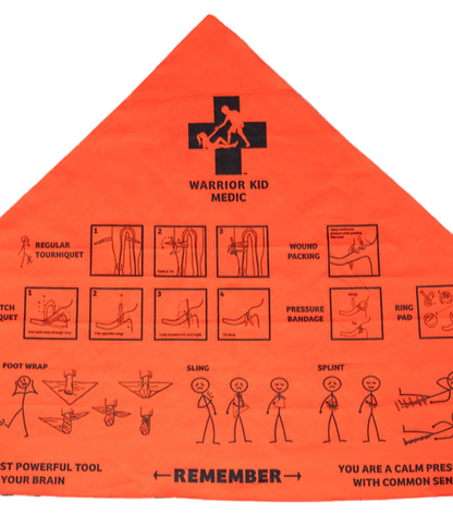 Orange Warrior Kid Medic bandage with illustrations and text on a white background