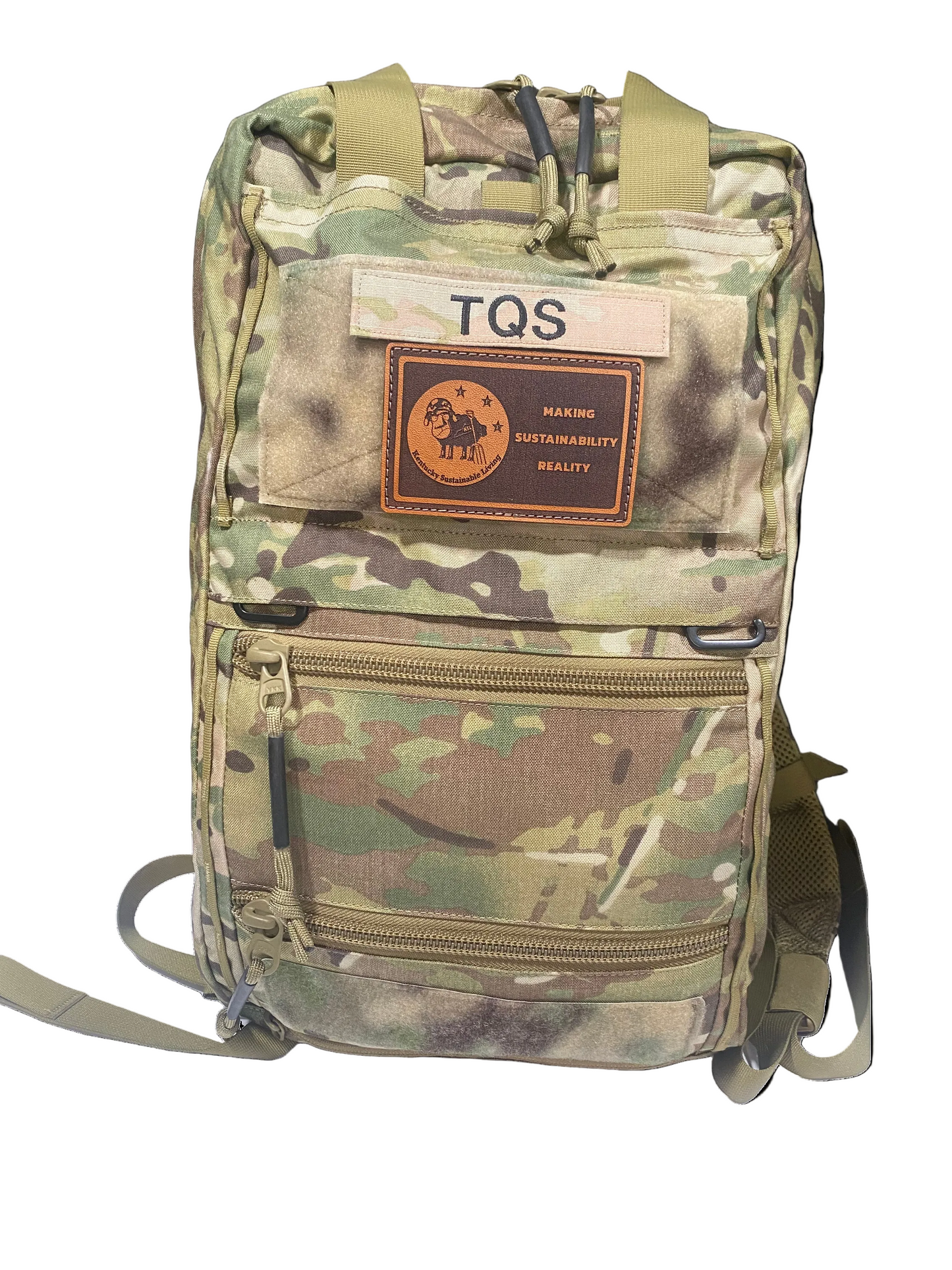 Camouflage backpack with TQS logo on a white background