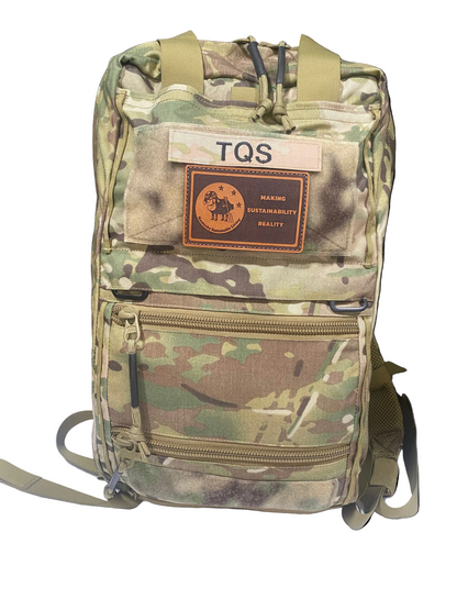 Camouflage backpack with TQS logo on a white background