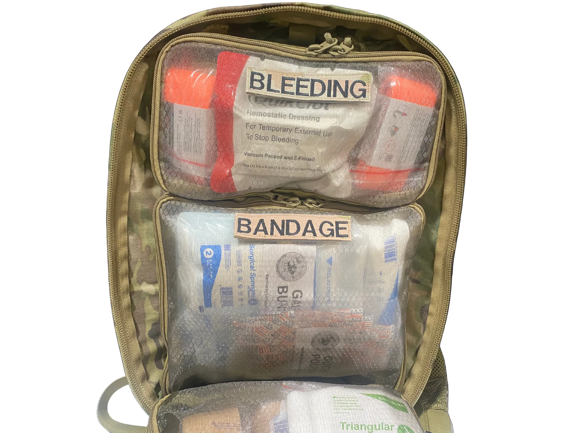 Open first aid kit with visible medical supplies on a white background