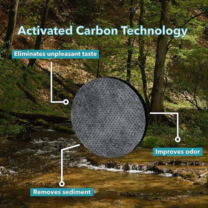 Activated carbon filter over a stream with text highlighting its benefits