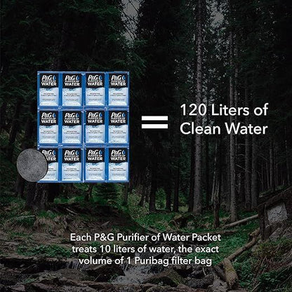 P&G Purifier of Water packets displayed in a forest setting with text about water treatment capacity.