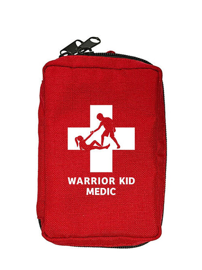 Red pouch first aid kit with 'Warrior Kid Medic' logo on it