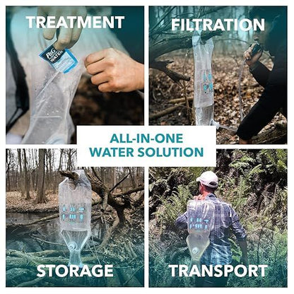 Collage of a water treatment solution being used for treatment, filtration, storage, and transport in a natural setting.