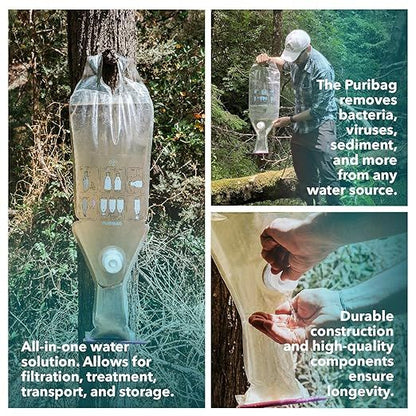 Purification bag being used in a forest setting with text describing its features.