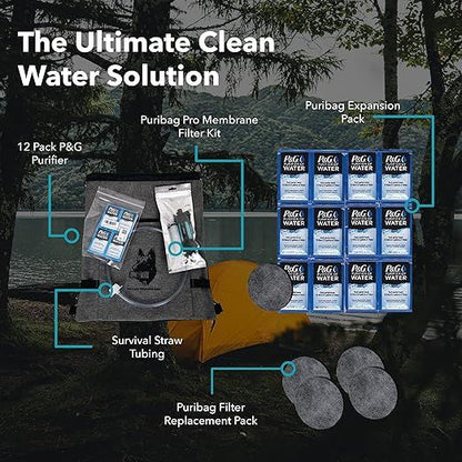 Purification kit with P&G water bottles and components against a natural background