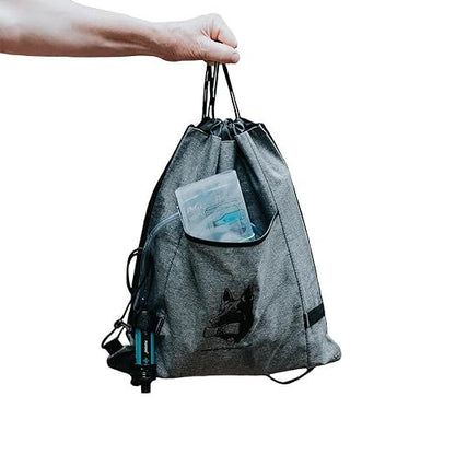 Gray drawstring bag with a small pocket on a white background