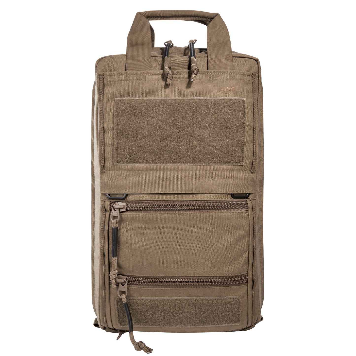 Tan backpack with multiple pockets and zippers on a white background