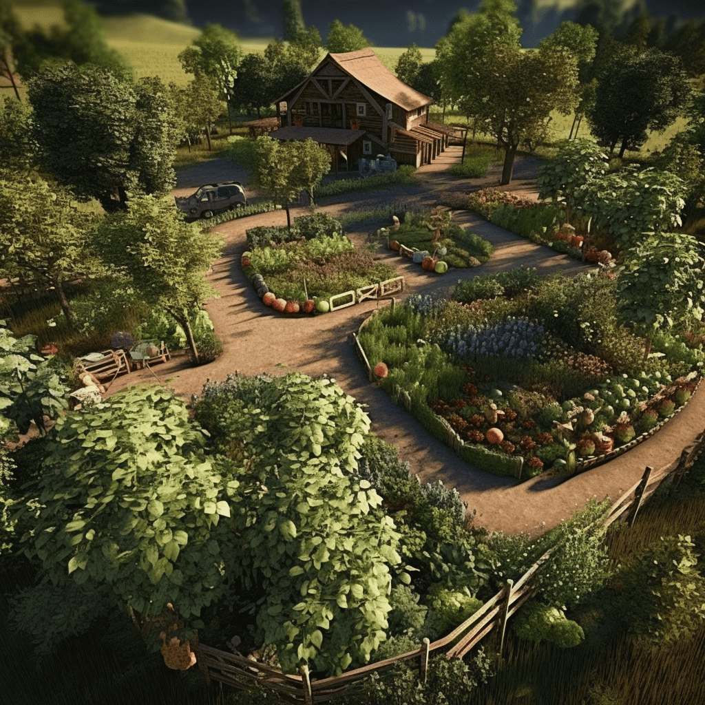 An aerial view of a farm with a garden, barn, and outbuildings.