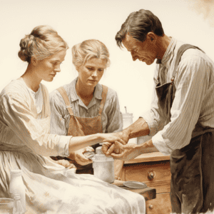 A scientific illustration in light brown and white tones depicting a woman treating a cut on a man's forearm, set in rural America with painterly brushwork.