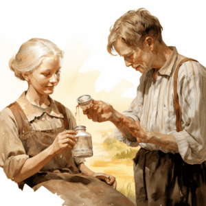 A scientific illustration in light brown and white tones depicting a woman treating a cut on a man's forearm, set in rural America with painterly brushwork.